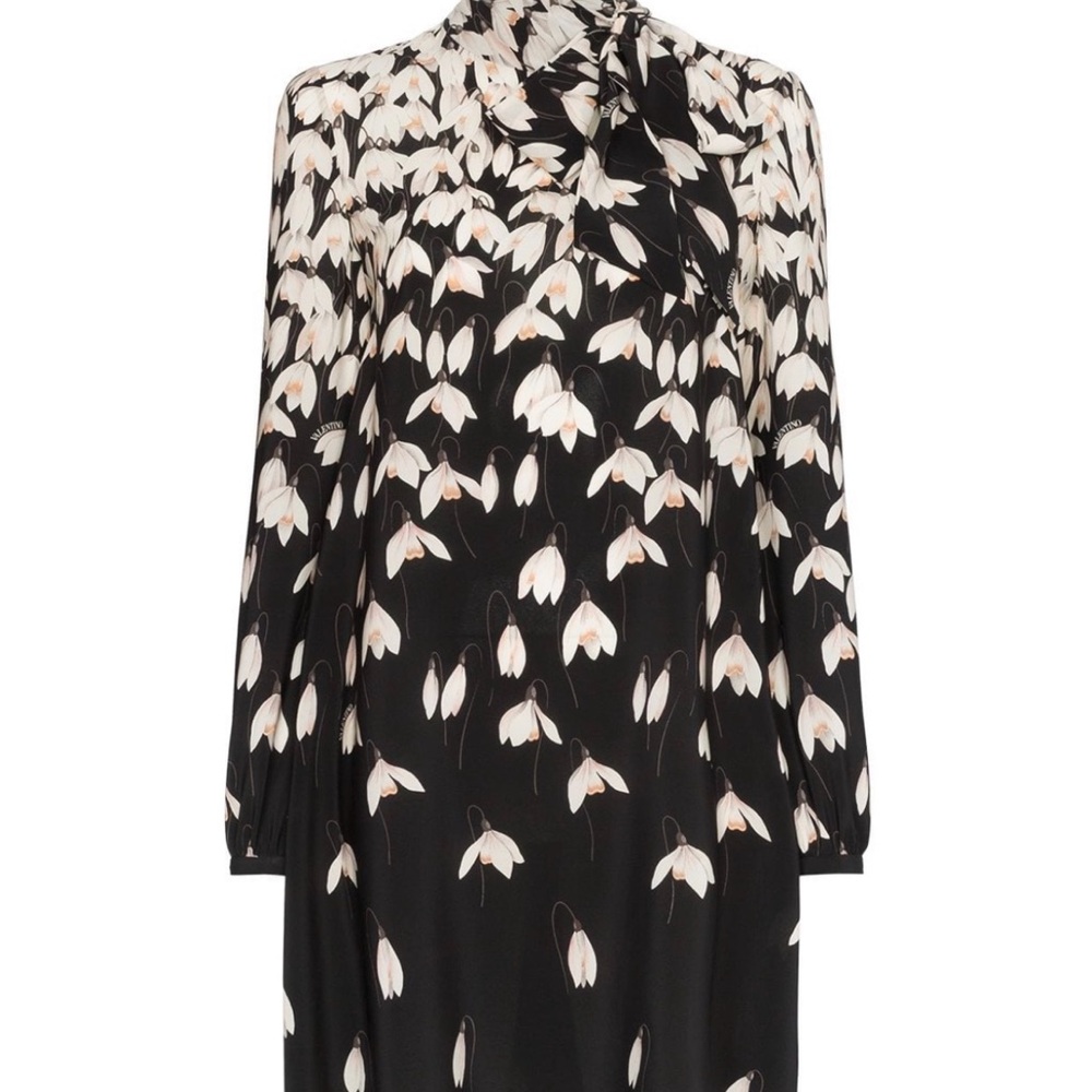 Valentino Black and White Mock Neck Bishop Sleeve Dress